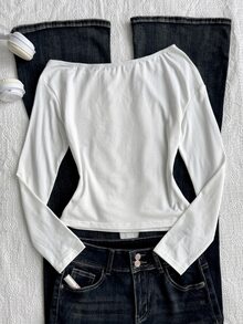 SHEIN Teen Girl Teen Girls Asymmetrical Shoulder Cartoon Long Sleeve T-Shirt - White - View 3