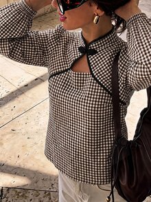 Serisse Women's Plaid Colorblock Casual Versatile Daily Commute Shirt - Brown - View 5