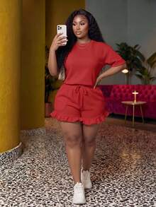 Veslaya 2pcs/Set Plus Size Women Casual Cowboy Sports Basic Plain Red Short Sleeve T-Shirt And Pleat Hem Shorts Brunch Office Work Summer - Red - View 1