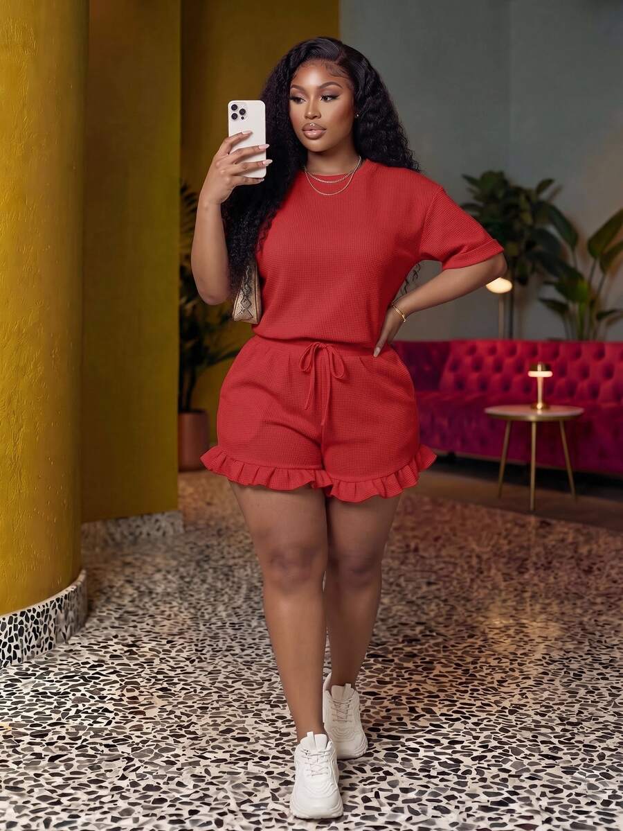 Veslaya 2pcs/Set Plus Size Women Casual Cowboy Sports Basic Plain Red Short Sleeve T-Shirt And Pleat Hem Shorts Brunch Office Work Summer - Red - View 1