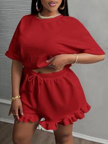 Veslaya 2pcs/Set Plus Size Women Casual Cowboy Sports Basic Plain Red Short Sleeve T-Shirt And Pleat Hem Shorts Brunch Office Work Summer - Red - View 3
