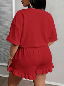 Veslaya 2pcs/Set Plus Size Women Casual Cowboy Sports Basic Plain Red Short Sleeve T-Shirt And Pleat Hem Shorts Brunch Office Work Summer - Red - View 5
