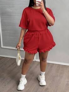 Veslaya 2pcs/Set Plus Size Women Casual Cowboy Sports Basic Plain Red Short Sleeve T-Shirt And Pleat Hem Shorts Brunch Office Work Summer - Red - View 6