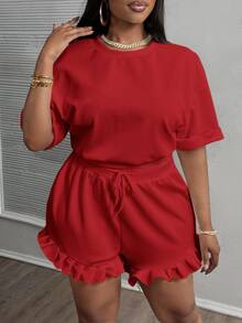 Veslaya 2pcs/Set Plus Size Women Casual Cowboy Sports Basic Plain Red Short Sleeve T-Shirt And Pleat Hem Shorts Brunch Office Work Summer - Red - View 4