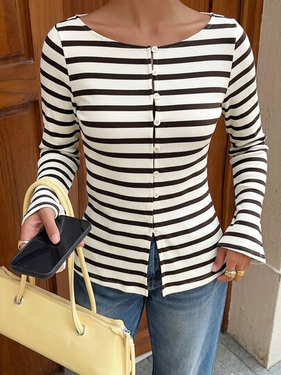 Siren Gaze New Women's Striped Flare-Sleeve T-Shirt For Autumn,Sleeve Blouse For Women Brunch,Casual