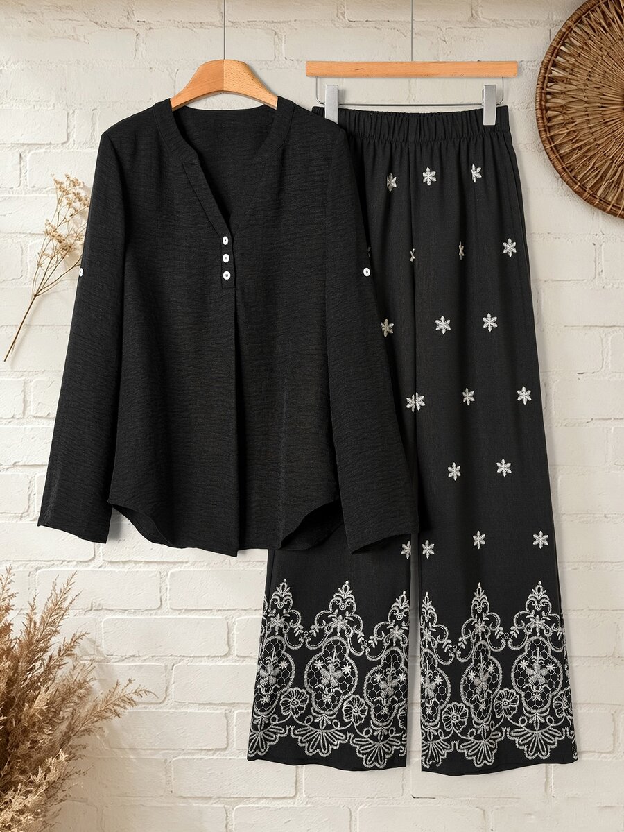 Rusticease Winter Fall Middle-Aged Women's Button Half-Placket Shirt And Embroidered Pants Set Formal Going Out Black Autumn Casual Granny 2 Pieces Set Woman - Black - View 1