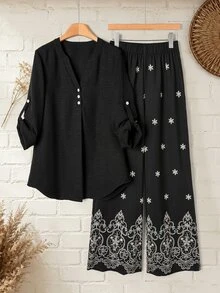 Rusticease Winter Fall Middle-Aged Women's Button Half-Placket Shirt And Embroidered Pants Set Formal Going Out Black Autumn Casual Granny 2 Pieces Set Woman - Black - View 5