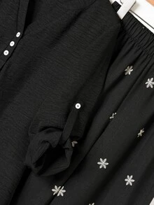 Rusticease Winter Fall Middle-Aged Women's Button Half-Placket Shirt And Embroidered Pants Set Formal Going Out Black Autumn Casual Granny 2 Pieces Set Woman - Black - View 6