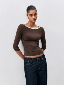 ATUI Studio Summer Casual Business Basic Women's Cotton Daily Brunch Solid Color Minimalist Commute Long Sleeve T-Shirt Brown - Brown - View 5