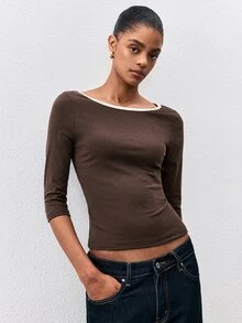 ATUI Studio Summer Casual Business Basic Women's Cotton Daily Brunch Solid Color Minimalist Commute Long Sleeve T-Shirt Brown - Brown - View 2