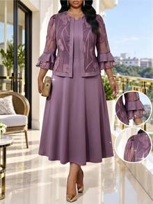 SHEIN Lady CURVE 大尺碼優雅星空風洋裝附夾克 2 件套，適合婚禮、晚餐會、晚宴，紫色秋季款 - 彩色 - 查看 1