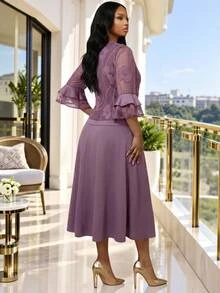 SHEIN Lady CURVE 大尺碼優雅星空風洋裝附夾克 2 件套，適合婚禮、晚餐會、晚宴，紫色秋季款 - 彩色 - 查看 2