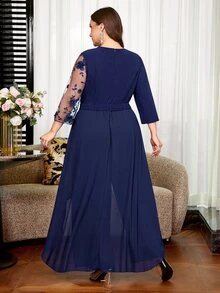 Levarali 大尺碼優雅派對 3D 花卉裝飾網紗拼接連身褲 - 藍色 - 查看 3