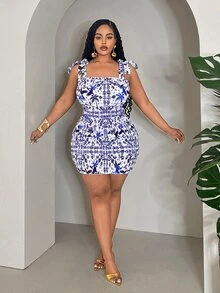 Veslaya Plus Size Women Tie-Front Bodycon Print Beach Dress For Vacation - Multicolor - View 3