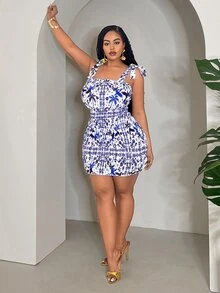 Veslaya Plus Size Women Tie-Front Bodycon Print Beach Dress For Vacation - Multicolor - View 5