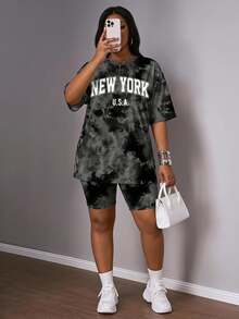 Slaydiva Back To School Casual Minimalist New York Letter Tie-Dye Pattern Plus Size 2-Piece Set, Suitable For Summer - Dark Grey - View 1