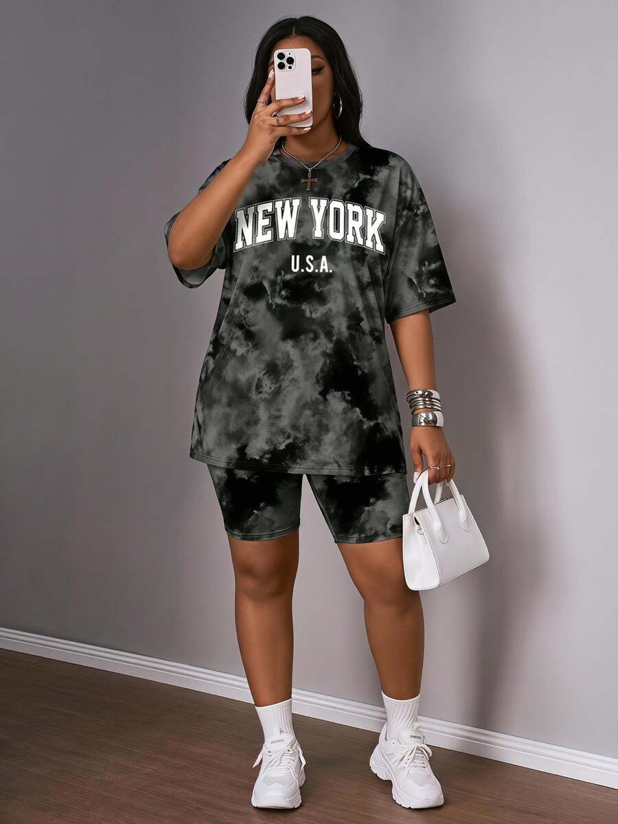 Slaydiva Back To School Casual Minimalist New York Letter Tie-Dye Pattern Plus Size 2-Piece Set, Suitable For Summer - Dark Grey - View 1