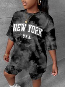Slaydiva Back To School Casual Minimalist New York Letter Tie-Dye Pattern Plus Size 2-Piece Set, Suitable For Summer - Dark Grey - View 5