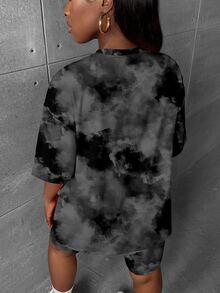 Slaydiva Back To School Casual Minimalist New York Letter Tie-Dye Pattern Plus Size 2-Piece Set, Suitable For Summer - Dark Grey - View 2