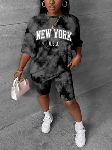 Slaydiva Back To School Casual Minimalist New York Letter Tie-Dye Pattern Plus Size 2-Piece Set, Suitable For Summer - Dark Grey - View 4