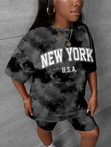 Slaydiva Back To School Casual Minimalist New York Letter Tie-Dye Pattern Plus Size 2-Piece Set, Suitable For Summer - Dark Grey - View 3