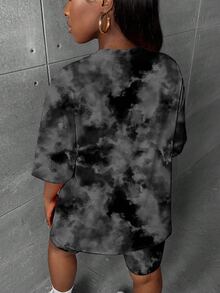 Slaydiva Back To School Casual Minimalist Dark Grey Tie-Dye Pattern Plus Size 2 Pieces Set, Suitable For Summer Suitable For Going Out - Dark Grey - View 3