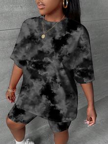 Slaydiva Back To School Casual Minimalist Dark Grey Tie-Dye Pattern Plus Size 2 Pieces Set, Suitable For Summer Suitable For Going Out - Dark Grey - View 4