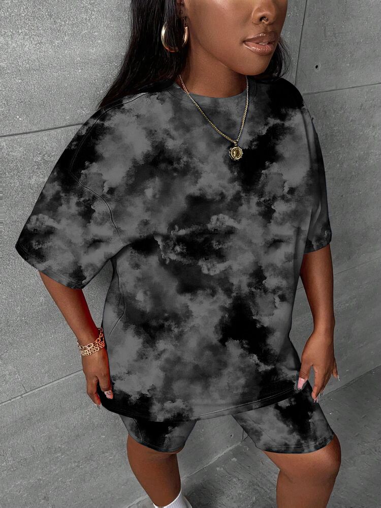 Slaydiva Back To School Casual Minimalist Dark Grey Tie-Dye Pattern Plus Size 2 Pieces Set, Suitable For Summer Suitable For Going Out - Dark Grey - View 5