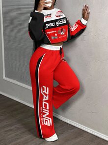 Slaydiva Plus Size Street Style Cowboy Baggy 2 Pieces Set Racing Pattern Sweatshirt Bottoms College Style Outfit Autumn Vacation Birthday Black Red - Multicolor - View 3