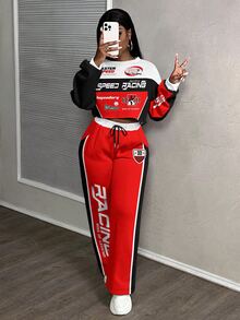 Slaydiva Plus Size Street Style Cowboy Baggy 2 Pieces Set Racing Pattern Sweatshirt Bottoms College Style Outfit Autumn Vacation Birthday Black Red - Multicolor - View 4