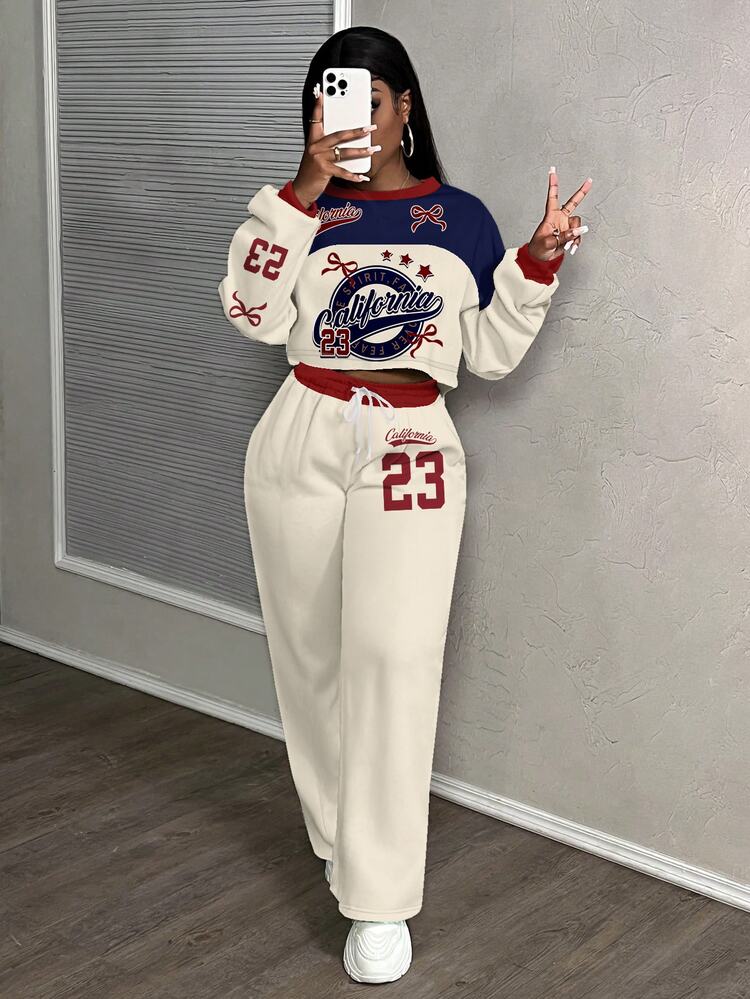Slaydiva Plus Size Women's Retro Beige 2 Pieces Set,Autumn Gothic Back-To-School Everyday Outfit,Letter Number 23 Print Bow Loose Sporty Pants Set,Y2k Fashion - Multicolor - View 4