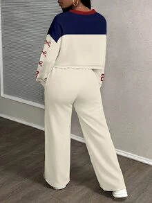 Slaydiva Plus Size Women's Retro Beige 2 Pieces Set,Autumn Gothic Back-To-School Everyday Outfit,Letter Number 23 Print Bow Loose Sporty Pants Set,Y2k Fashion - Multicolor - View 2