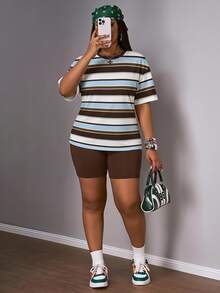 Slaydiva Plus Size Women's Brown Colorblock Short Sleeve Top And Shorts Casual Soft Traditional Daily Set Gym Formal Vacation Summer - Multicolor - View 1