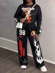 Slaydiva THE POWERPUFF GIRLS X SHEIN Plus Size Cartoon Print Top And Pants 2 Pieces Set, Suitable For Outings And Streetwear Fall - Black - View 3