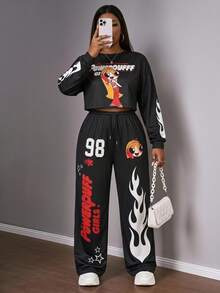 Slaydiva THE POWERPUFF GIRLS X SHEIN Plus Size Cartoon Print Top And Pants 2 Pieces Set, Suitable For Outings And Streetwear Fall - Black - View 1