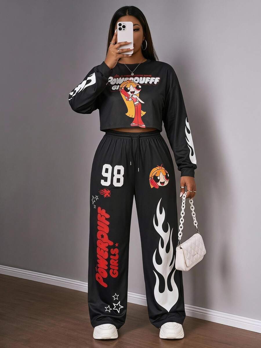 Slaydiva THE POWERPUFF GIRLS X SHEIN Plus Size Cartoon Print Top And Pants 2 Pieces Set, Suitable For Outings And Streetwear Fall - Black - View 1