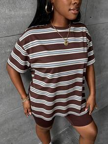 Slaydiva Plus Size Women's Striped Colorblock Casual Versatile Everyday Short Sleeve Minimalist Drop Shoulder 2 Pieces Set For Summer - Multicolor - View 5