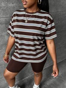 Slaydiva Plus Size Women's Striped Colorblock Casual Versatile Everyday Short Sleeve Minimalist Drop Shoulder 2 Pieces Set For Summer - Multicolor - View 4