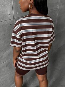 Slaydiva Plus Size Women's Striped Colorblock Casual Versatile Everyday Short Sleeve Minimalist Drop Shoulder 2 Pieces Set For Summer - Multicolor - View 2
