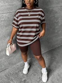 Slaydiva Plus Size Women's Striped Colorblock Casual Versatile Everyday Short Sleeve Minimalist Drop Shoulder 2 Pieces Set For Summer - Multicolor - View 3