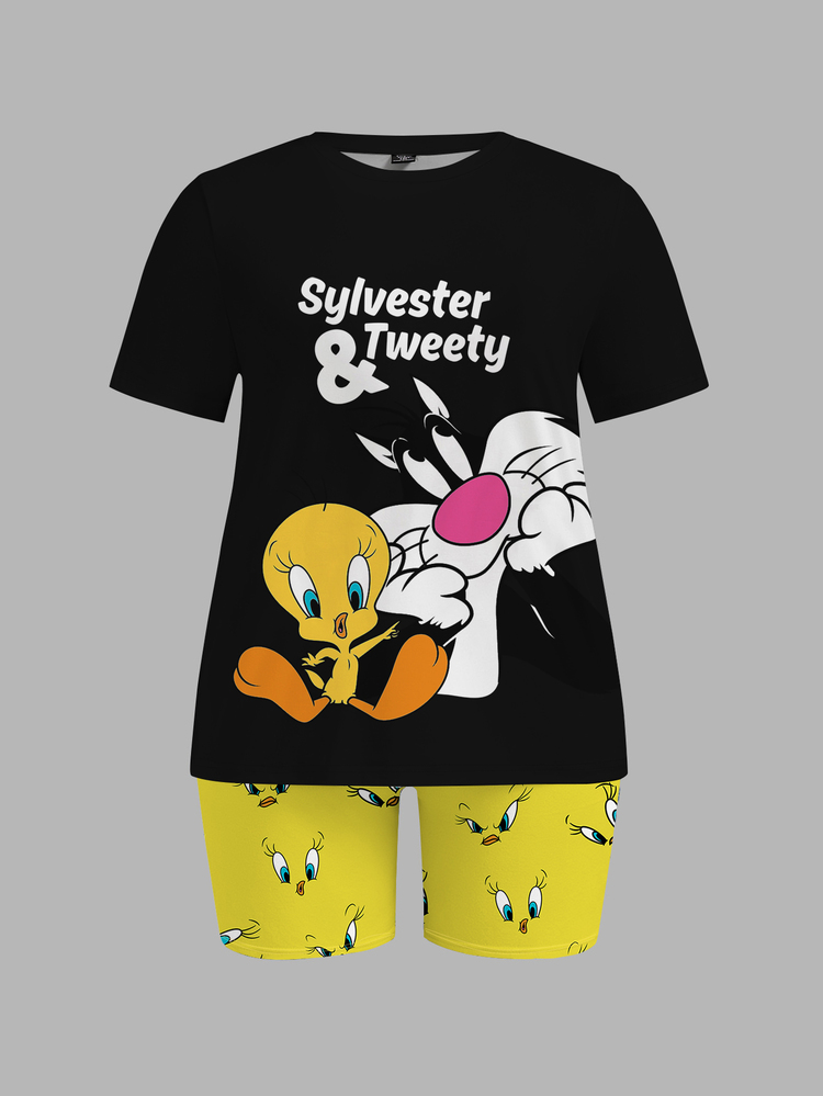 Slaydiva LOONEY TUNES X SHEIN Funny Tweety And Sylvester Print Plus Size Women 2pcs Set - Short Sleeve T-Shirt And Shorts - Multicolor - View 6