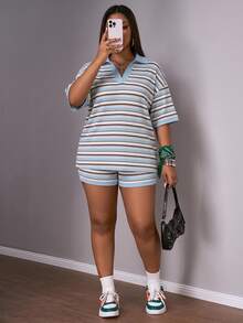 Slaydiva Plus Size Summer Casual Curve Smart Casual Striped T-Shirt And Shorts 2 Pieces Set Loungewear Light Blue - Multicolor - View 1