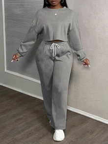 Slaydiva Plus Size Casual Solid Color Top And Pants 2 Pieces Set, Autumn/Winter Fall - Grey - View 4