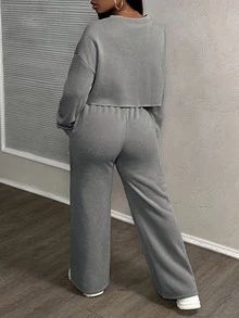 Slaydiva Plus Size Casual Solid Color Top And Pants 2 Pieces Set, Autumn/Winter Fall - Grey - View 3