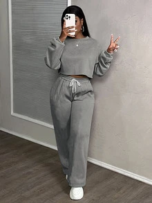 Slaydiva Plus Size Casual Solid Color Top And Pants 2 Pieces Set, Autumn/Winter Fall - Grey - View 5