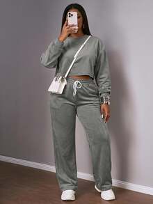 Slaydiva Plus Size Casual Solid Color Top And Pants 2 Pieces Set, Autumn/Winter Fall - Grey - View 1