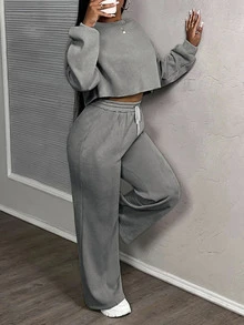 Slaydiva Plus Size Casual Solid Color Top And Pants 2 Pieces Set, Autumn/Winter Fall - Grey - View 2