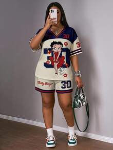 Slaydiva Betty Boop x SHEIN Plus Size Women's Basic Casual Retro Graphic Print 2 Pieces Set, Suitable For Summer - Multicolor - View 1