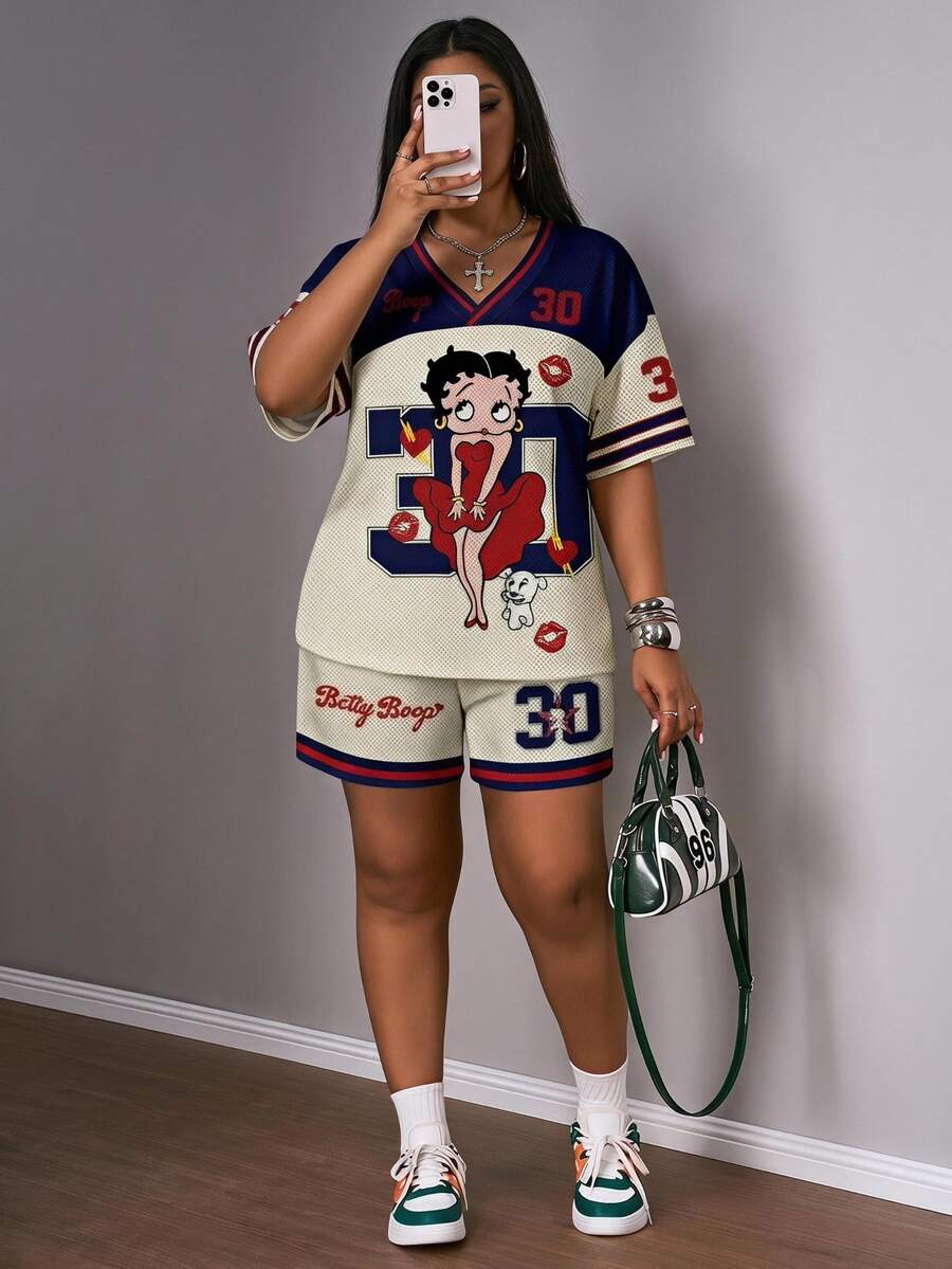 Slaydiva Betty Boop x SHEIN Plus Size Women's Basic Casual Retro Graphic Print 2 Pieces Set, Suitable For Summer - Multicolor - View 1
