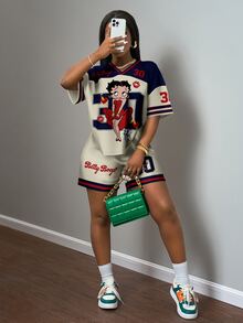 Slaydiva Betty Boop x SHEIN Plus Size Women's Basic Casual Retro Graphic Print 2 Pieces Set, Suitable For Summer - Multicolor - View 7